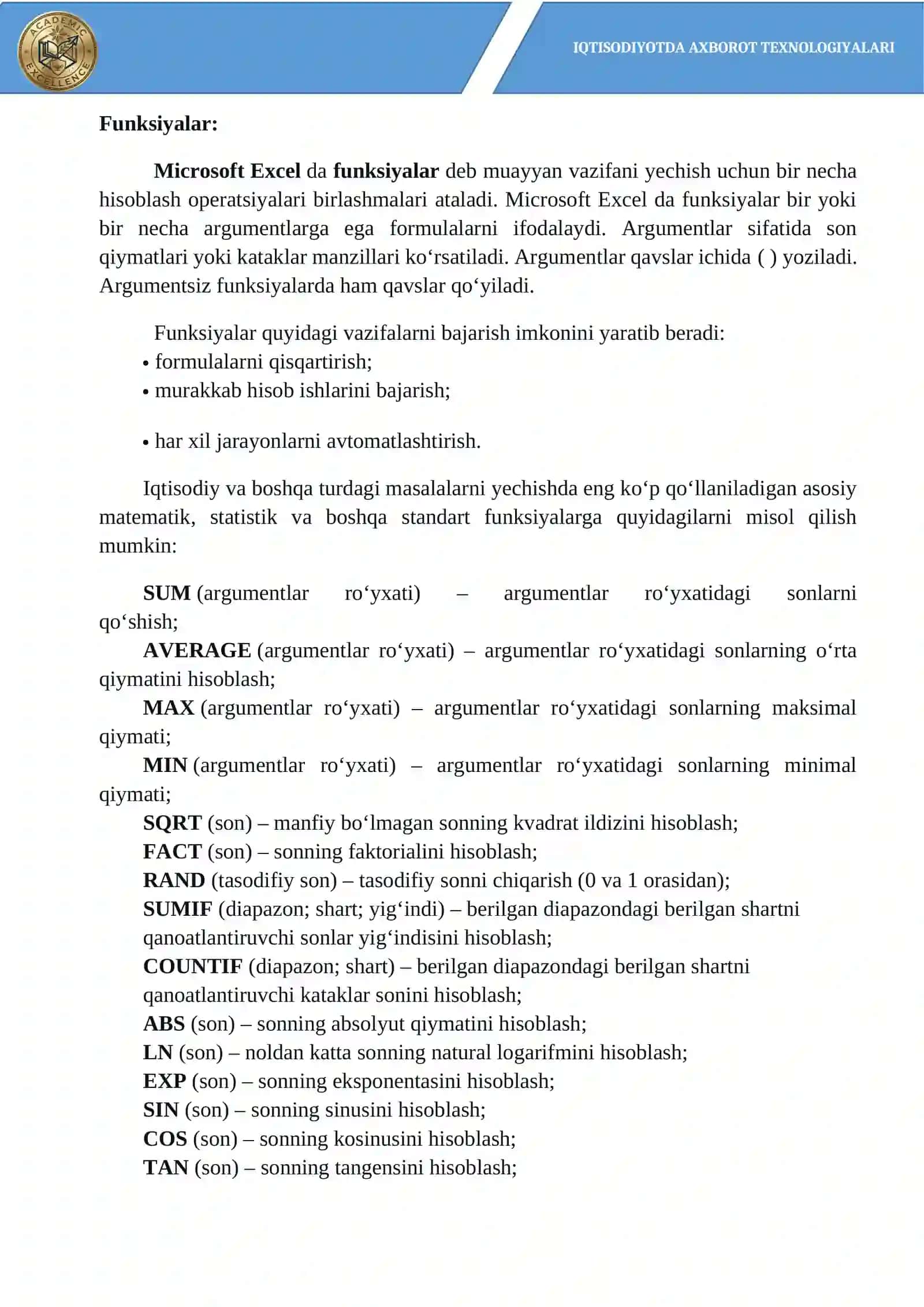 Excelda iqtisodiy hisob-kitoblar 4