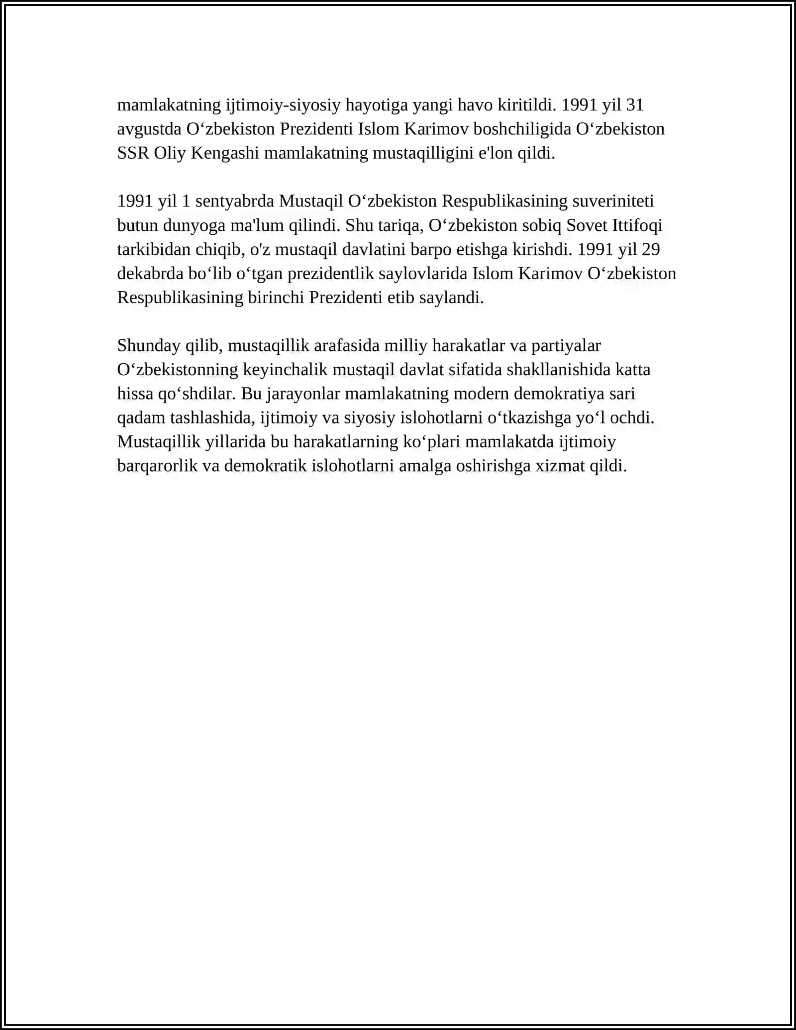 MUSTAQILLIKKA ERISHISH ARAFASIDA O'ZBEKIATONDAGI IJTIMOIY SIYOSIY JARAYONLAR 4