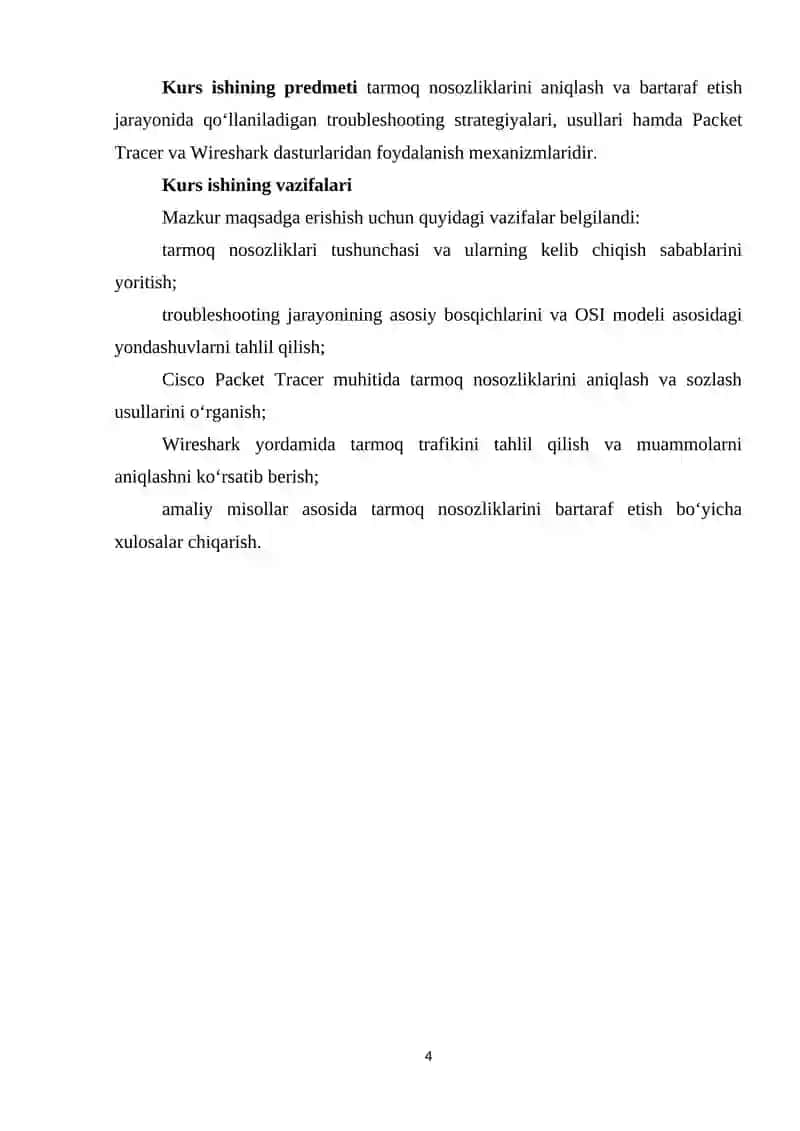 Tarmoqdagi nosozliklarni aniqlash va bartaraf etish Troubleshooting strategiyalari (Packet Tracer + Wireshark). 4