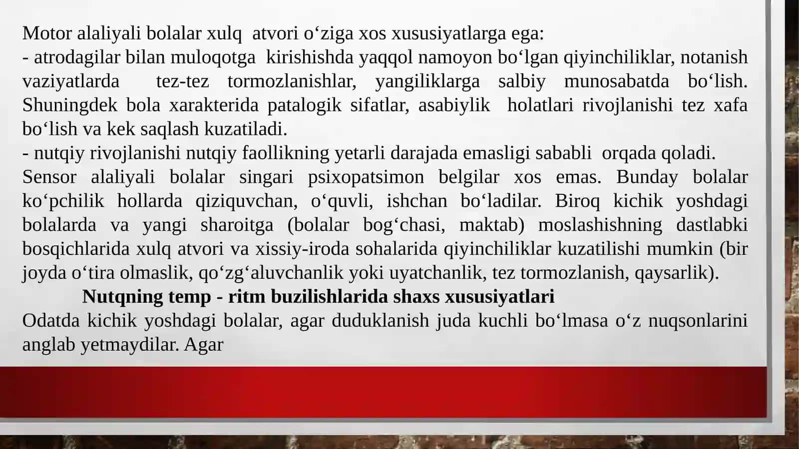 Nutq nuqsoniga ega bolalar shaxsiy xususiyatlar aralashmalari psixologik korreksiya usullari 4