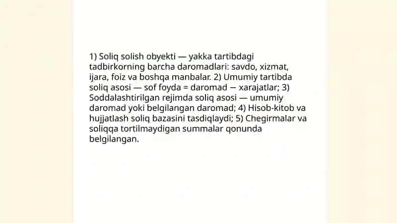 Foyda solig‘ini yakka tartibdagi tadbirkorlarning daromadlariga soliq solishning o‘ziga xos xususiyatlari 4