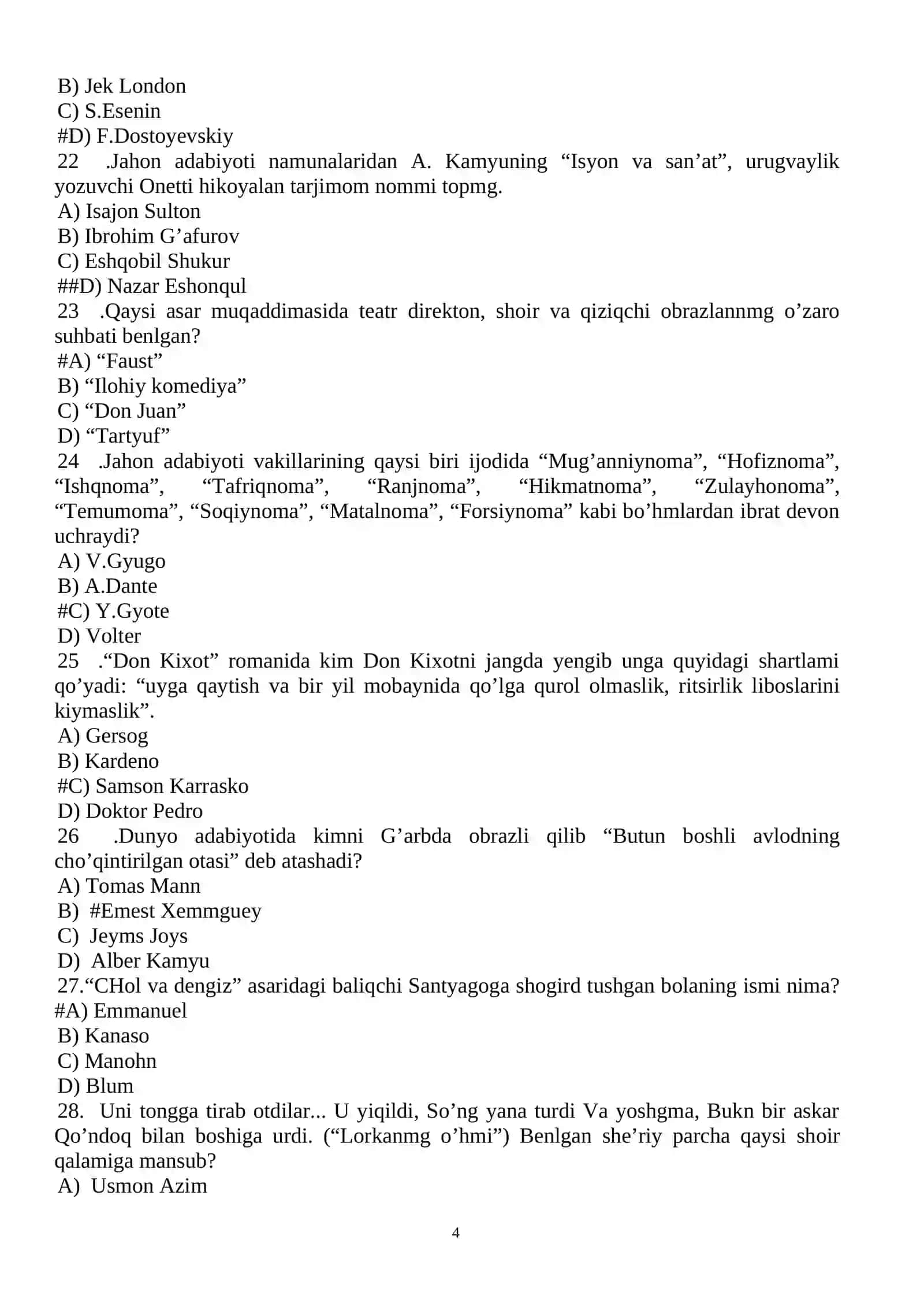 JAHON ADABIYOTT' famdan test savollan 4