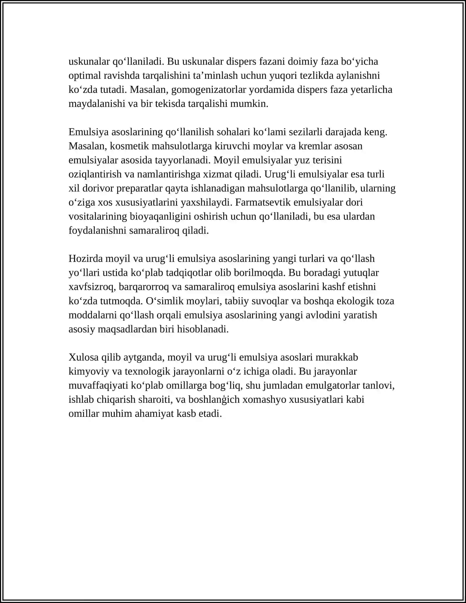 MOYIL VA URUGʻLI EMULSIYALAR TAYYORLASH XUSUSIY TEXNOLOGIYASI ULAR BILAN BOGʻLIQ HISOBLAR 4
