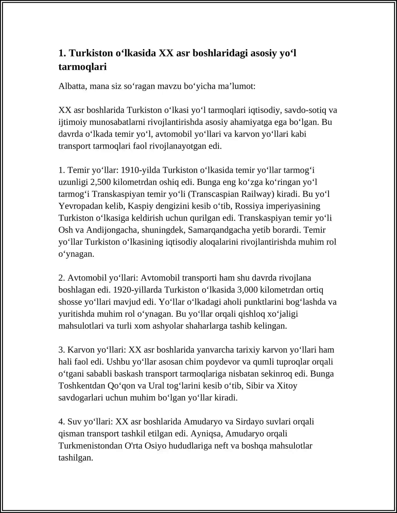 TDTRU NABIYEV DAVLATJON RASULJON ÕG'LI 1-KURS YMAL1-24 GURUB XX ASR BOSHLARDA TURKISTON ÕLKASI HUDUDIDAGI YÕLLARNI AHVOLI 4