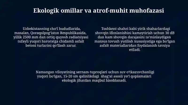 O'zbekistonda hududiy sharoitidan kelib chiqib yo'l tashamasi konstruksiyalar tanlash tamoyili 4
