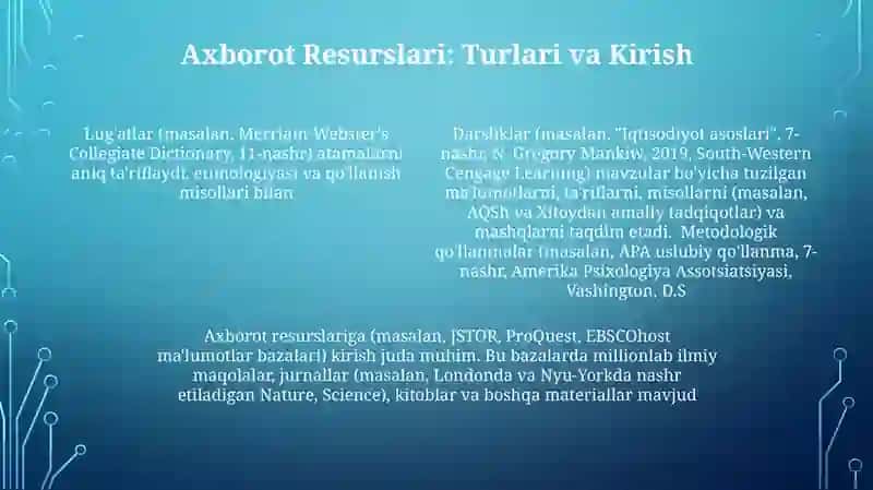 Oʻquv va metodik qoʻllanmalar lugʻatlar qomuslar axborot - maʼlumot manbalari 4