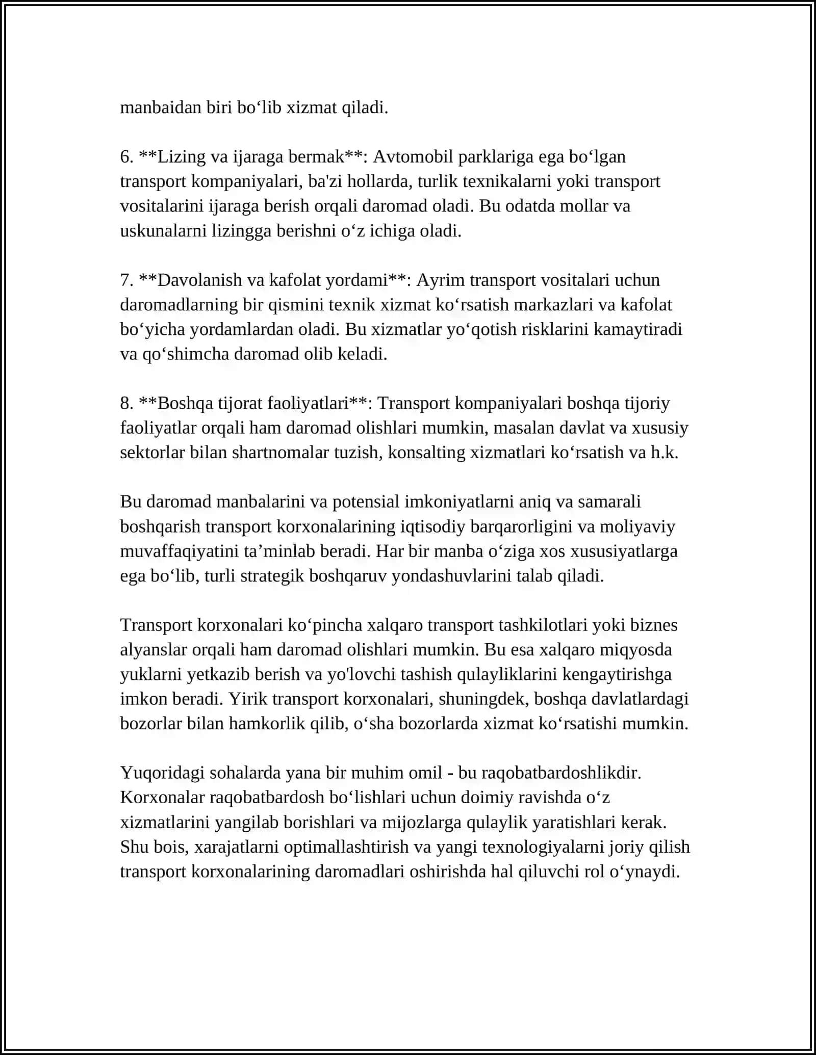 TRANSPORT (TEMIR YÒL, AVTOMOBIL) KORXONALARIDA TASHISHDAN DAROMADLARNING TAHLILI 4