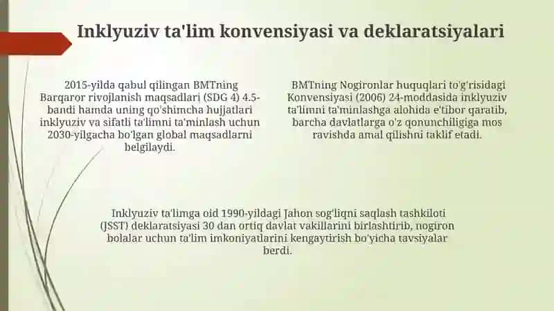 Inklyuziv talimning huquqiy asoslarini xalqaro hujjatlarda tahlil qilish 4