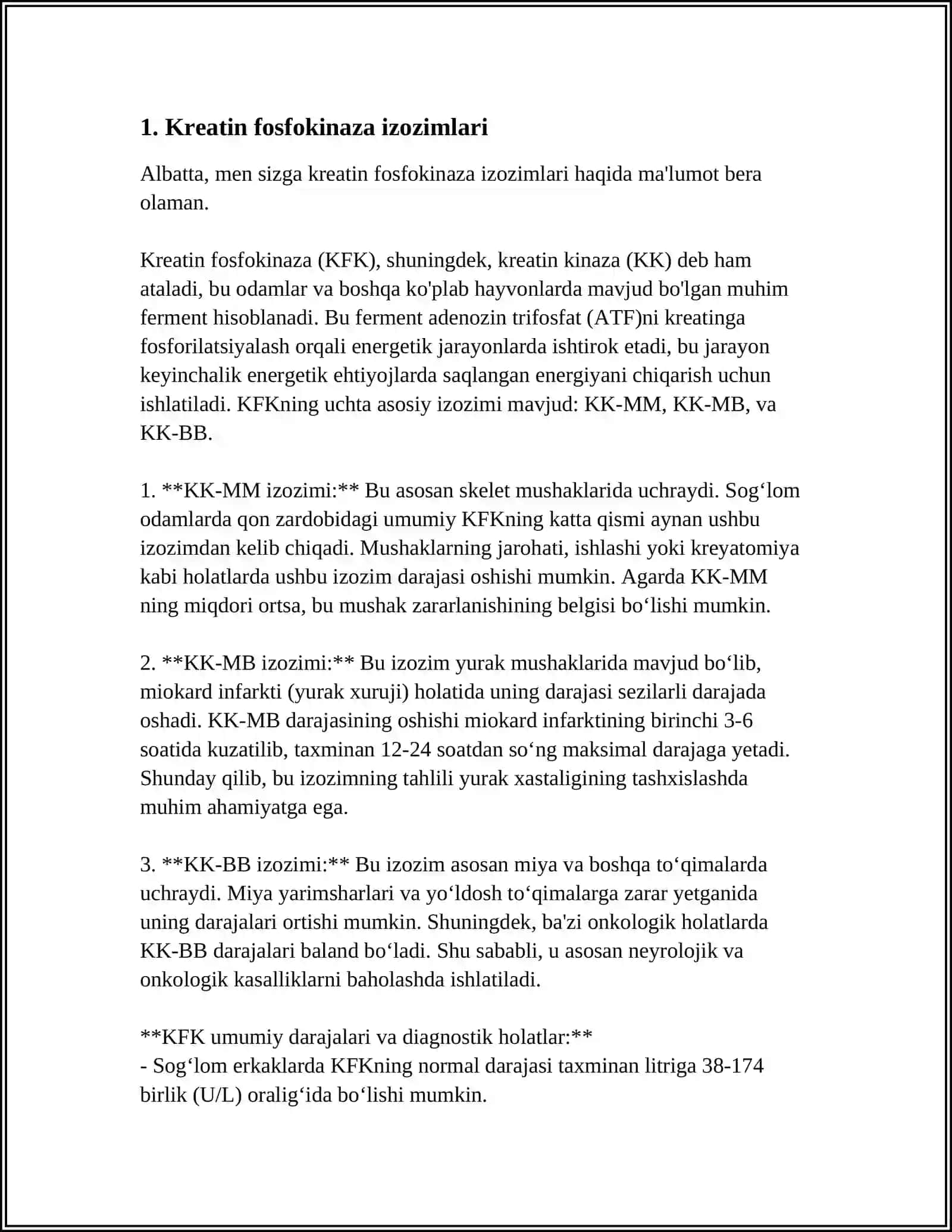 Kreatin fosfokinazaning izoshakllari va ularni aniqlovchi 4