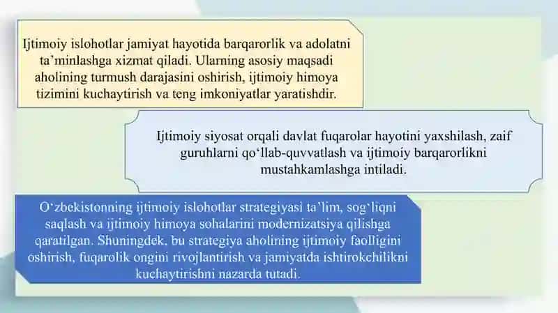 O‘zbekistonda ijtimoiy sohada amalga oshirilayotgan o‘zgarishlar mazmun va mohiyati SLAYD 4