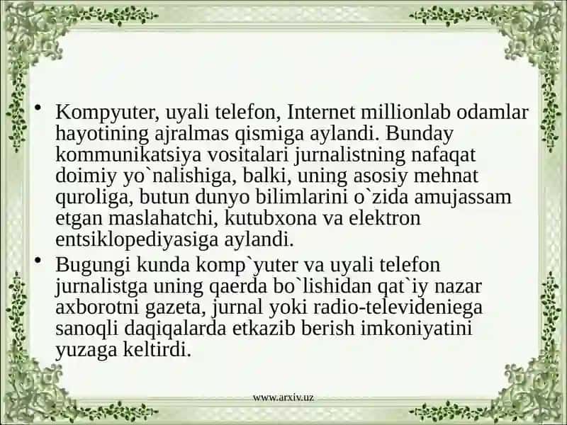 O’zbekistonda ommaviy axborot vositalarining faoliyati ( o’zgarish va muammolar) 4