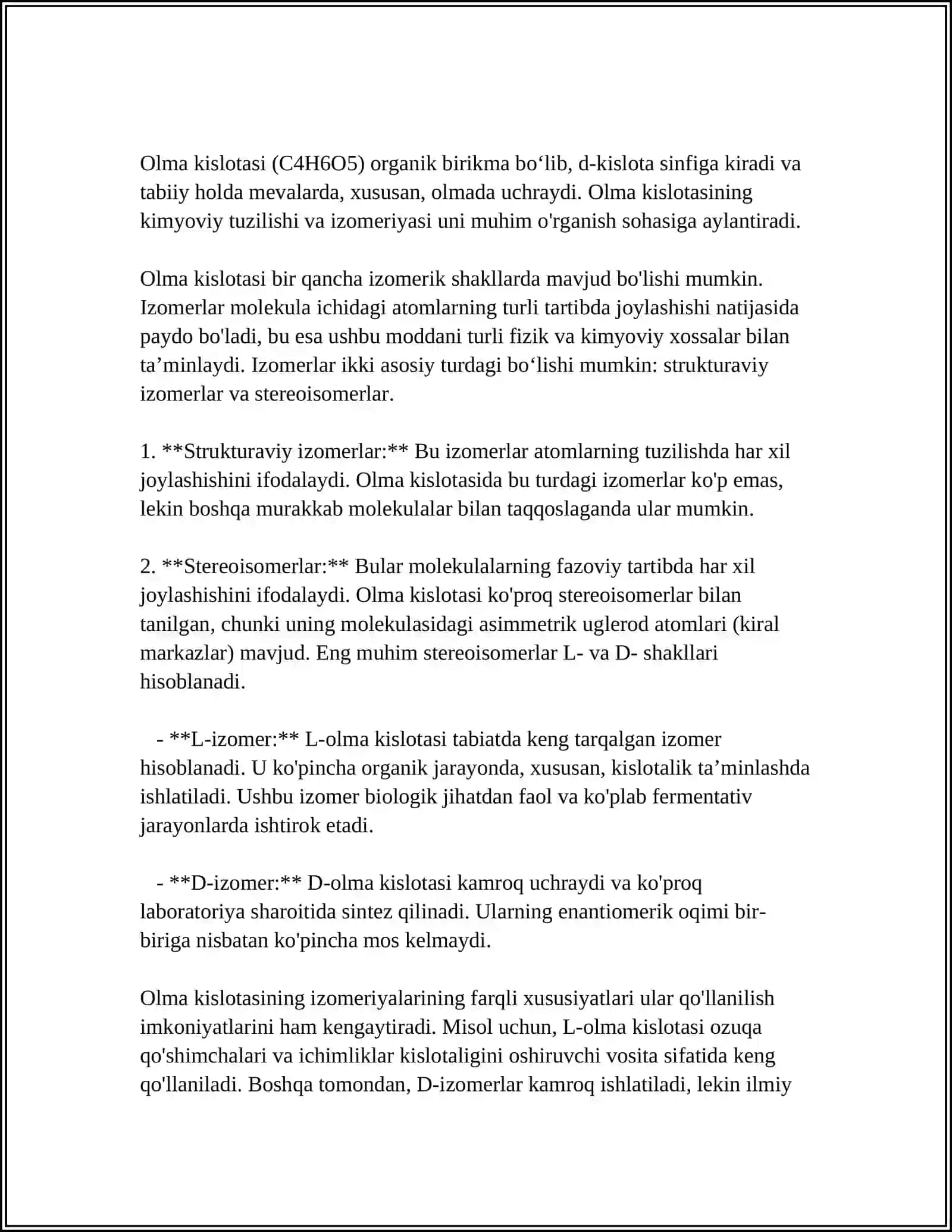 OLMA KISLOTASI VA UNING BIRIKMALARINI MOLEKULA TUZILISHI, OLINISHI, XOSSALARI VA ISHLATILISHI 4