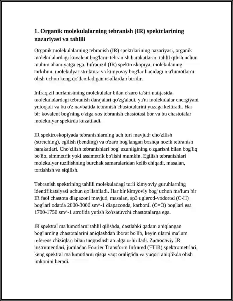 ORGANIK MOLEKULALARNING TEBRANMA VA AYLANA SPEKTRLARI. MEDITSINA VA FARMATSIYADA FOTOLYUMINESSION MIQDOR VA SIFAT TAHLILLARI. EPR, XEMILYUMINESSENSIYA, YAMR 4