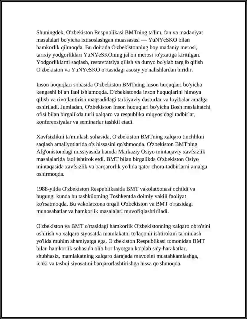 O'ZBEKISTONNING XALQARO TASHKILOTLAR BILAN HAMKORLIK ALOQALARI 4
