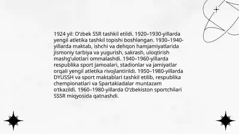 Oʻzbekistonda yengil atletikaning rivojlanishi tarixi va uning jismoniy tarbiyada tutgan oʻrni 4
