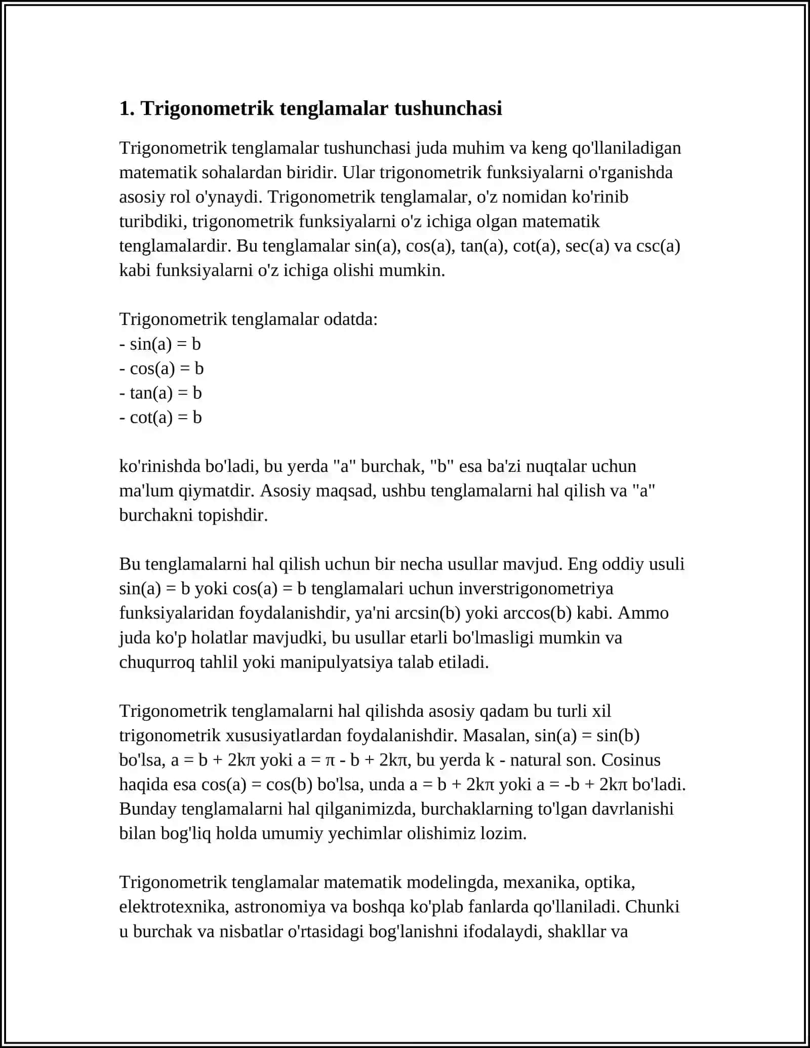 TRIGONOMETRIK TENGLAMA VA TENGSIZLIKLAR VA ULARNI YECHISH USULLARINI ÒQITISH METODIKASI 4