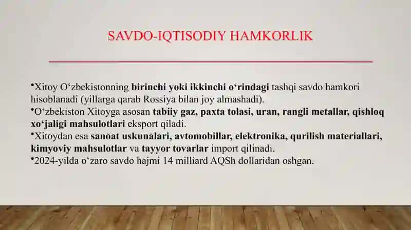 O'zbekiston Respublikasi tashqi iqtisodiy aloqalarda Xitoyning oʻrni 4