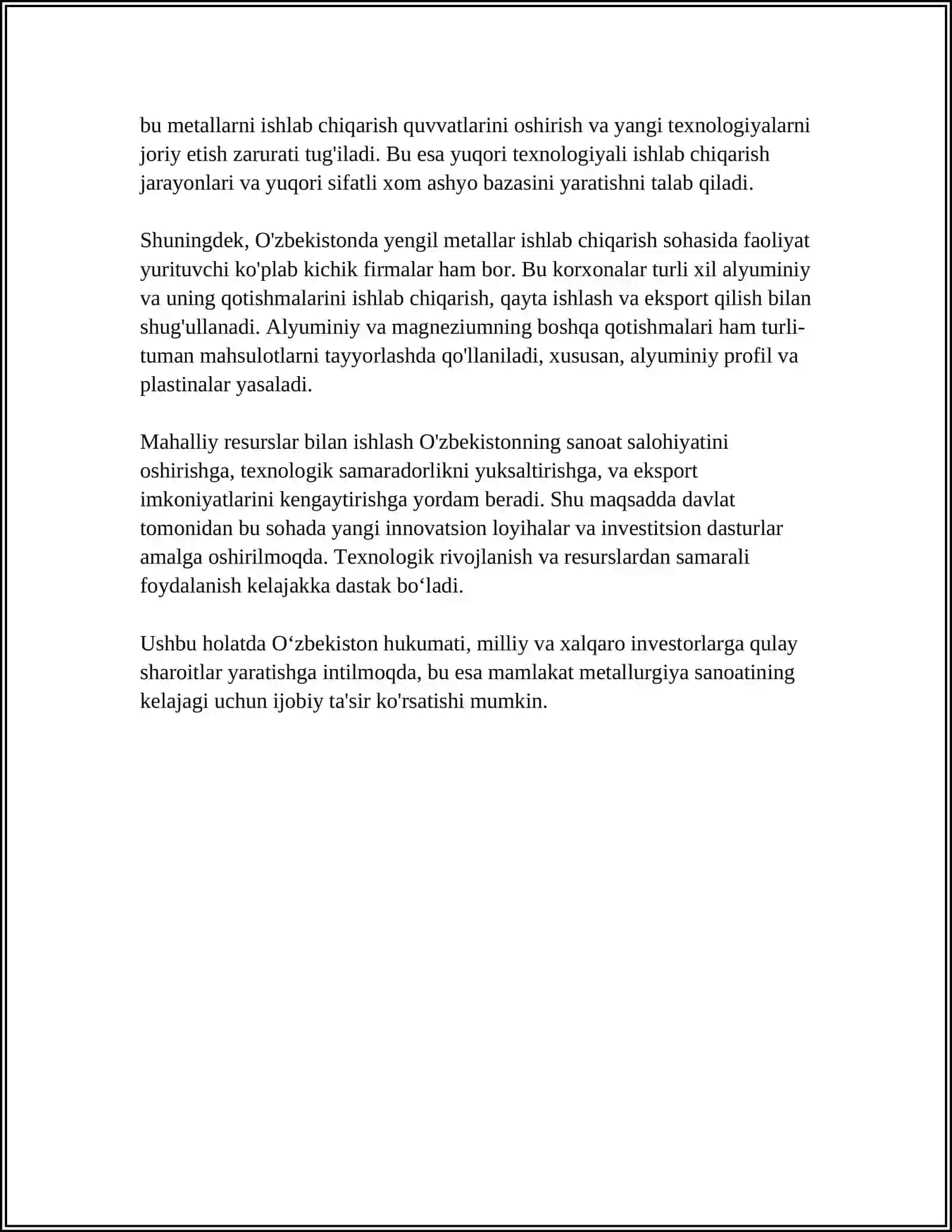 MUSTAQIL ISH Mavzu: RESPUBLIKAMIZDAGI MAVJUD XOM ASHYO BAZASIDAN YENGIL METALLAR ISHLAB CHIQARISH IMKONIYATI 4
