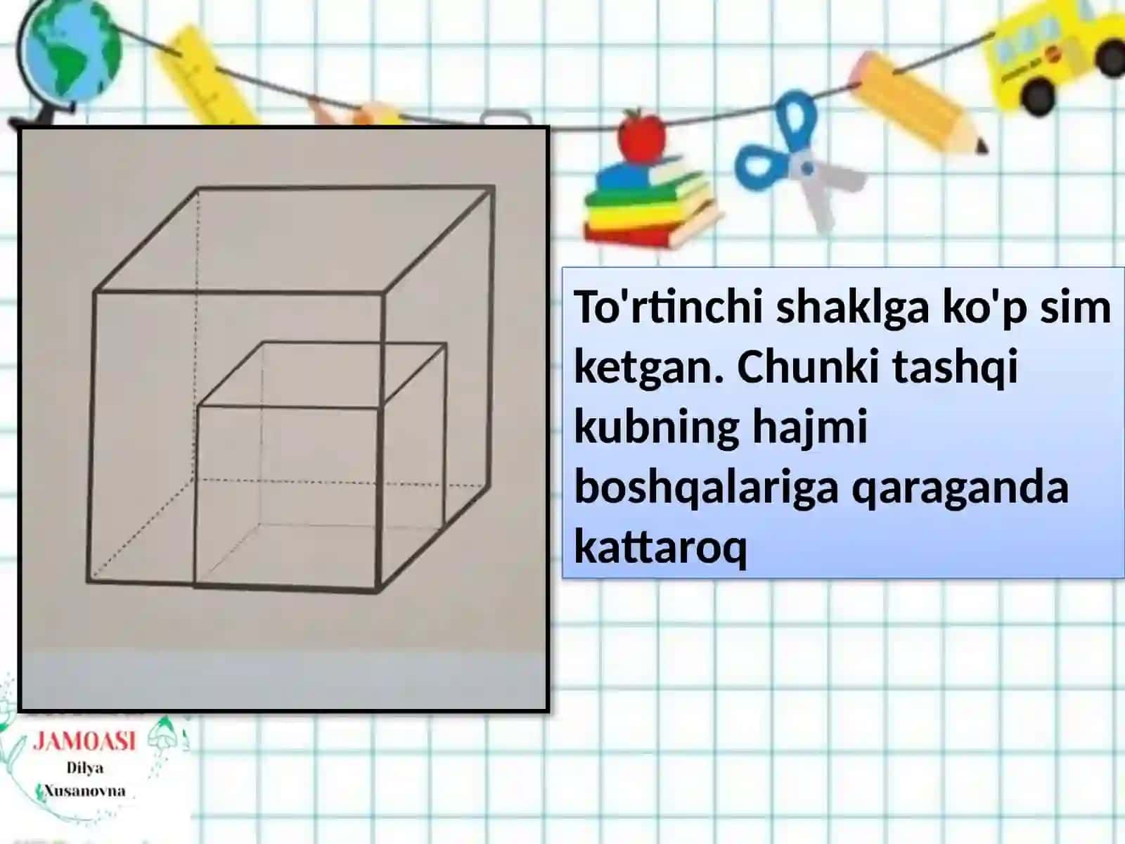 Kub qirralarini uzunliklari yig’indisi 4