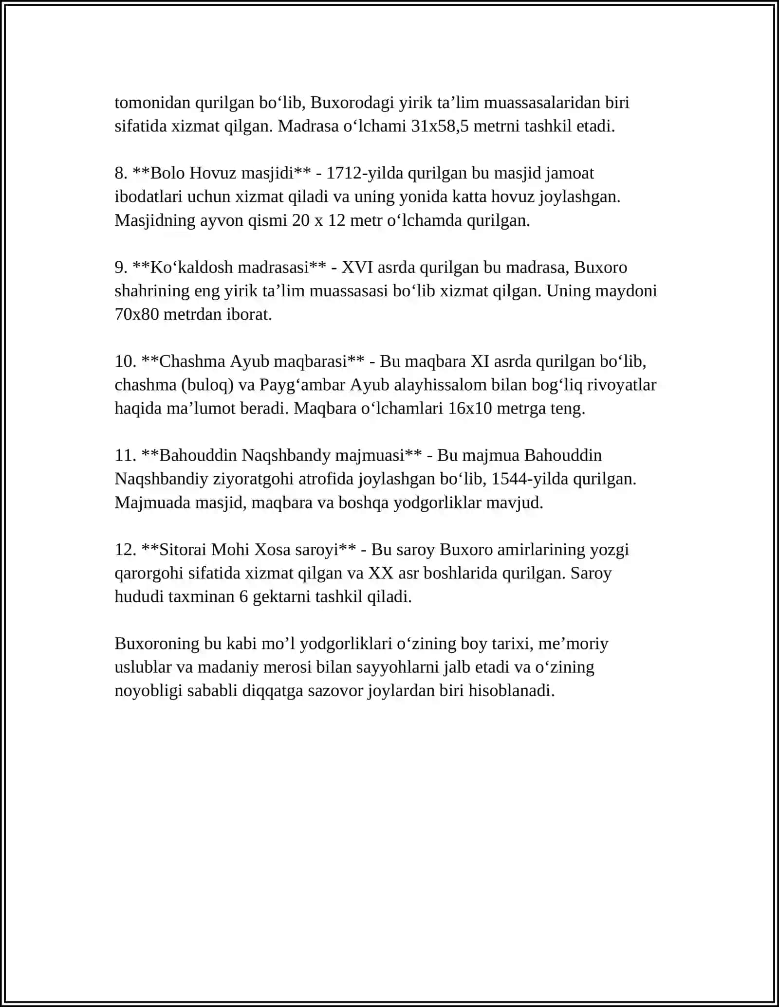 MUSTAQIL ISH Mavzu: BUXORO VILOYATIDA ICHKI TURIZMNI RIVOJLANTIRISH 4
