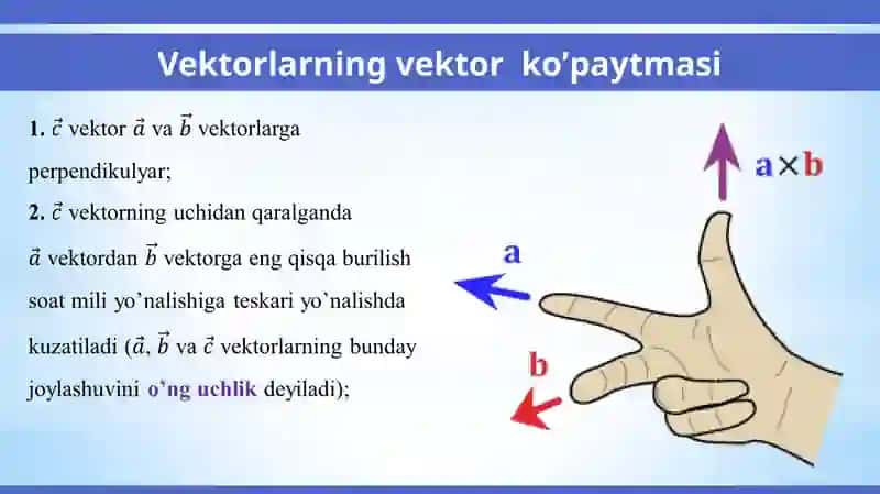 Vektor va aralash ko’paytmalari. Ularning xossalari. Ikki vektorning kollinearlik va komplanarlik shartlari. 4