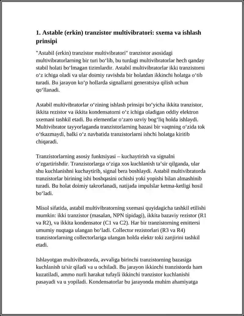 TRANZISTOR ASOSIDAGI MULTIVIBRATORLARNING SXEMA KOʻRINISHI VA PARAMETRLARI 4