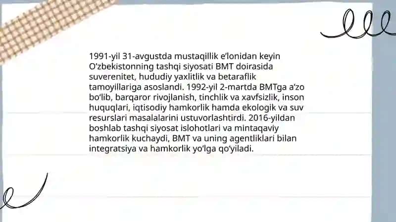 O‘zbekiston Respublikasining BMTga a’zo bo‘lishi va jahon hamjamiyatida tutgan o‘rni 4