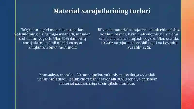 Material xarajatlari hisobga olish va jarayonli kalkulyatsiya qilish usuli 4