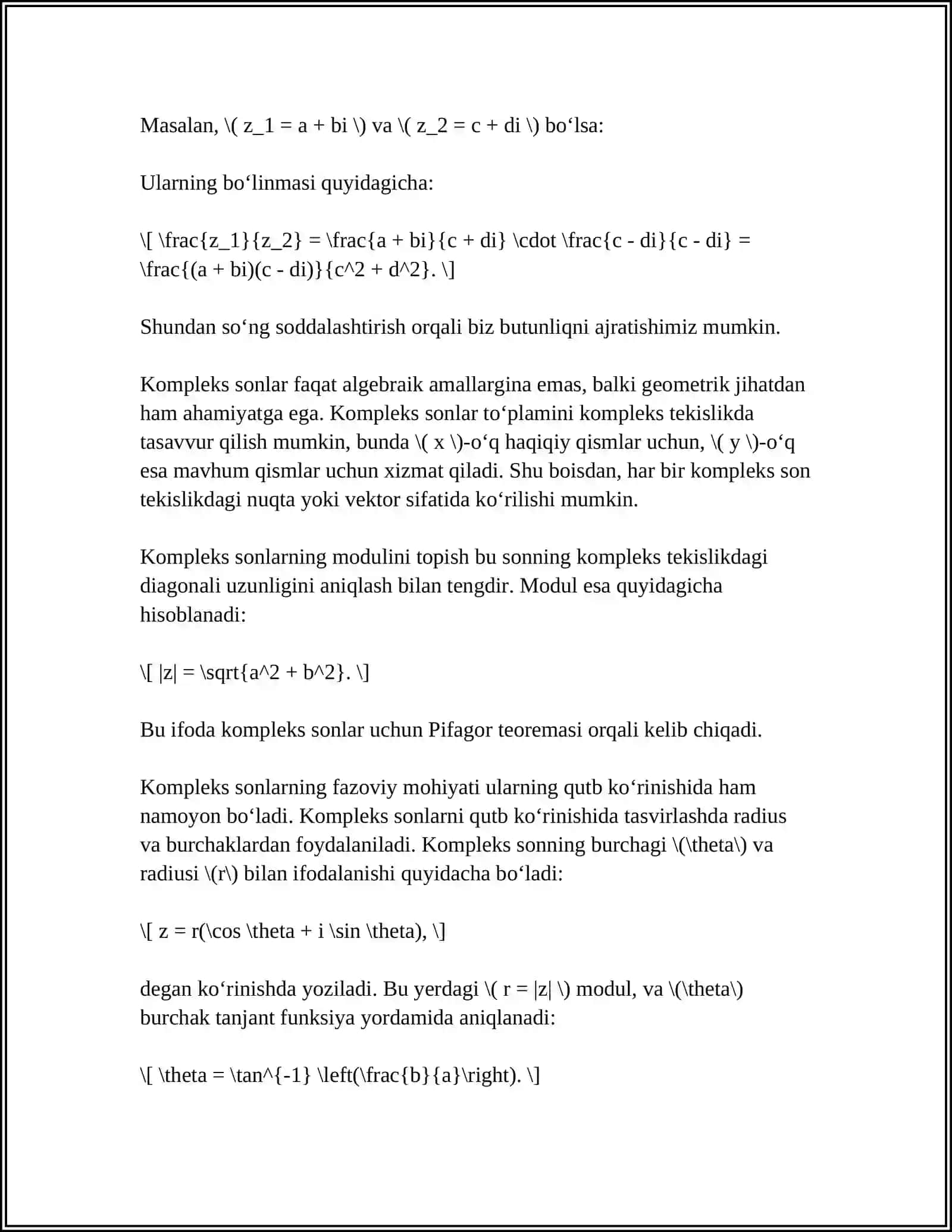 KOMPLEKS SONLAR VA ULAR USTIDA AMALLAR. MUAVR FORMULASI 4
