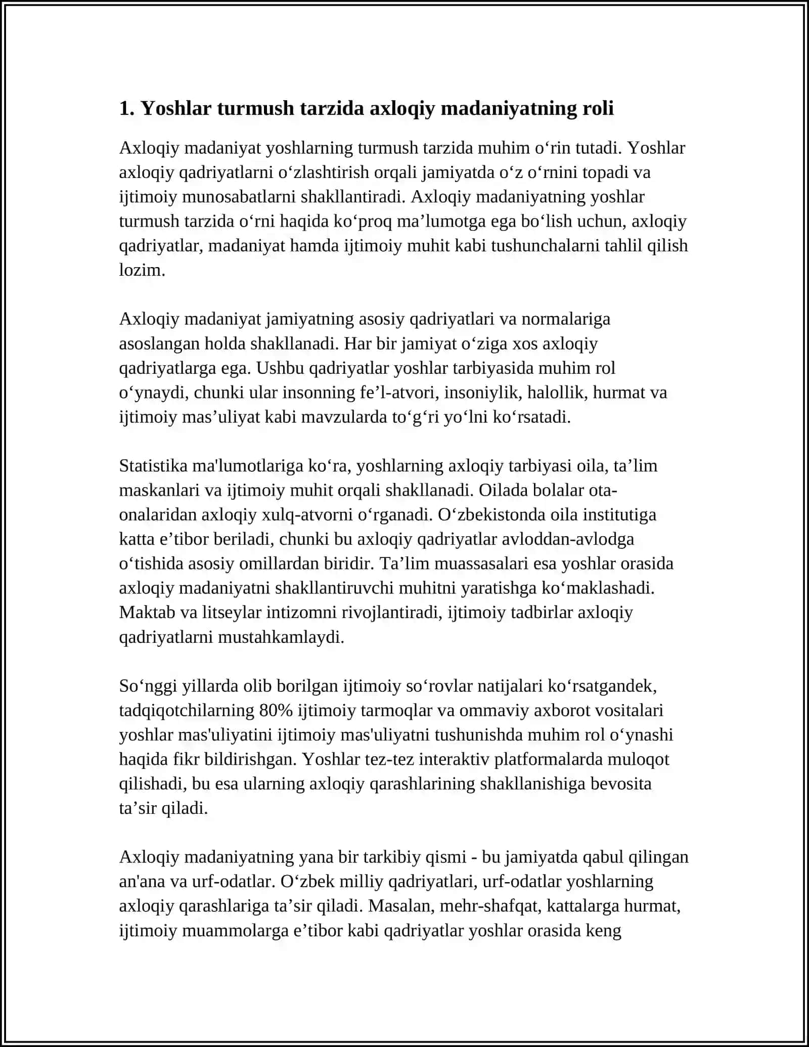 AXLOQIY MADANIYAT VA AXLOQIY QADRIYATLARNING YOSHLAR TURMUSH TARZIDA NAMOYON BO'LISHI 4