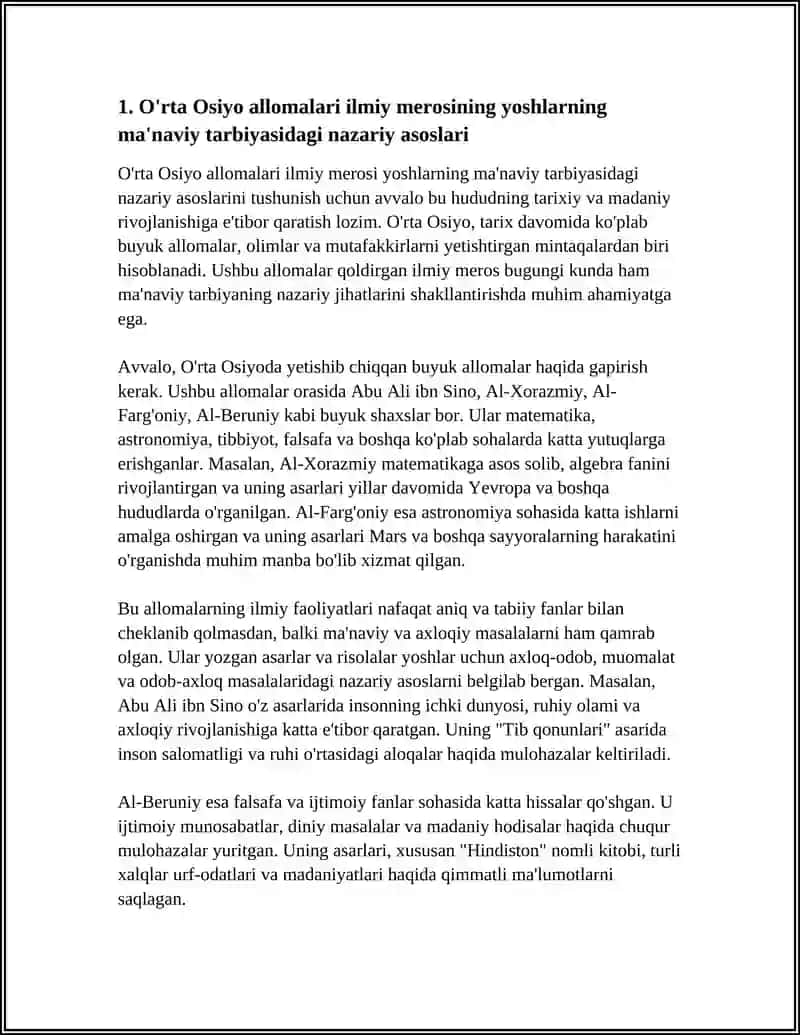 YUKSAK MA'NAVIYATLI YOSHLARNI TARBIYALASHDA O'RTA OSIYO ALLOMALARI ILMIY MEROSINING O'RNI( ALLOMALARNING ILMIY FAOLIYATI MISOLIDA) 4