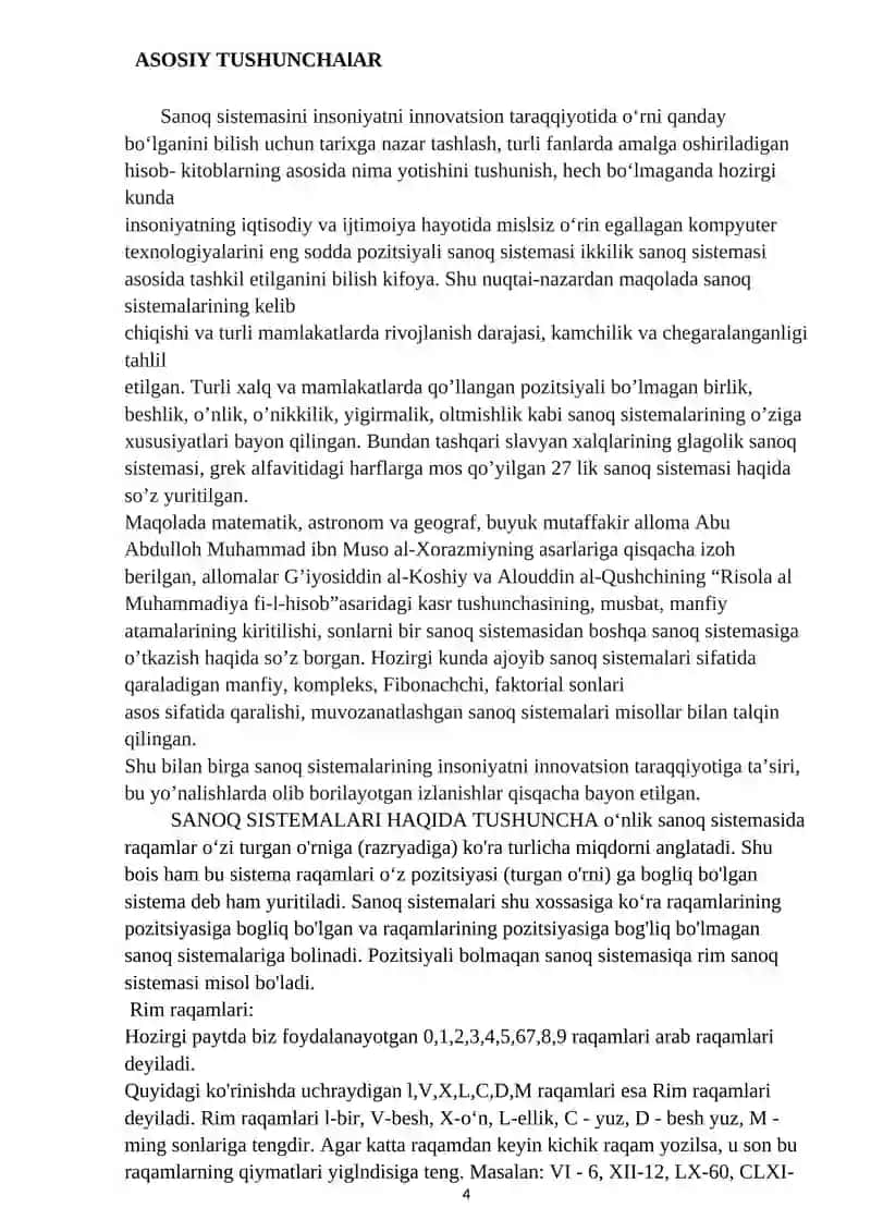 Turli sanoq sistemalarida arifmetik amallar bajarish: qo‘shish, ayirish, ko‘paytirish va bo‘lish. 4