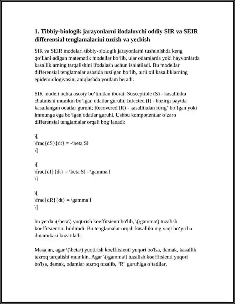 Tibbiy-biologik jarayonlarni ifodalovchi oddiy SIR va SEIR differensial tenglamalarini tuzish va yechish 4