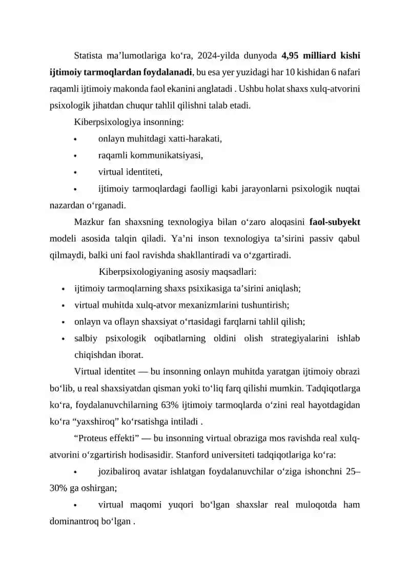 KIBERPSIXOLOGIYA: RAQAMLI MUHITNING INSON XULQ-ATVORIGA TA’SIRI 4