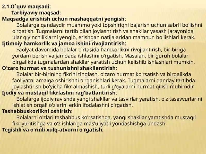 Rangli tugmalar. (tayyorlov guruh) Qurish-yasash va matematika markaz 4