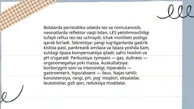 Bolalarda hazim tizimini anatomiya fiziologiya xususiyatlariga koʻra tekshirish usullari 4