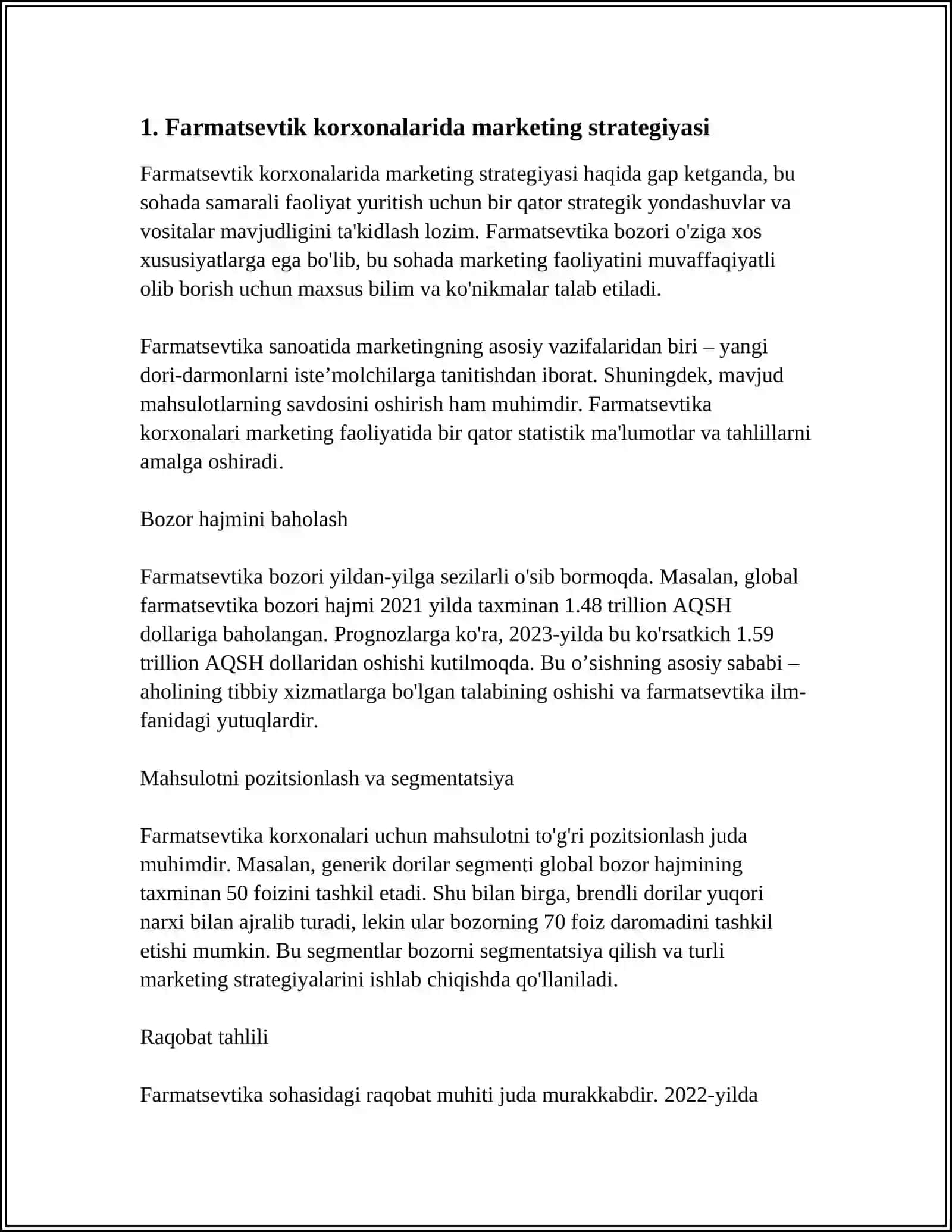 Farmatsevtik ishlab chiqarish korxonalarida marketing bo'shqa 4
