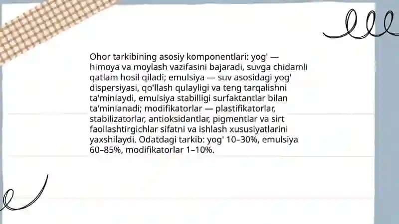 Iplarni ohorlash, ohor tarkibi va ohor tayyorlash, ohorlash mashinalarini texnologik chizmasi asosida asosiy qismlarini vazifalari 4
