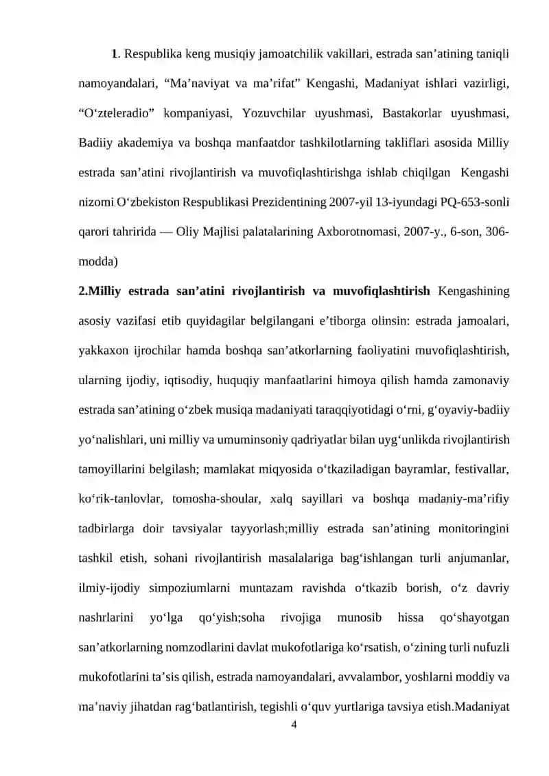 Vokal san’ati (an’anaviy xonandalik) yo’nalishi bo’yicha bakalavr akademik darajasini olish uchun 4