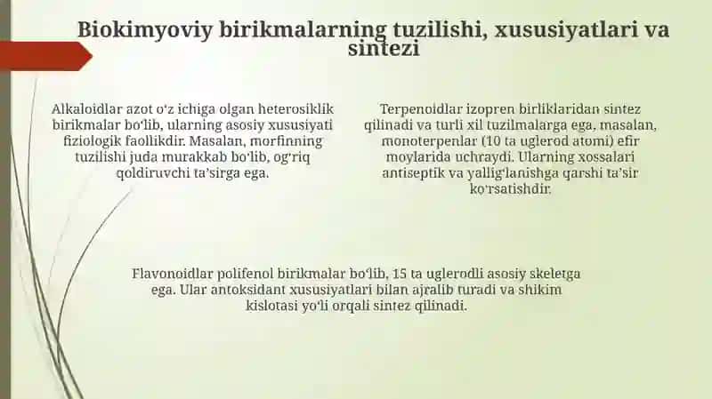 Dorivor oʻsimliklarning biokimyoviy tarkibi va ularning farmakologik ahamiyati 4