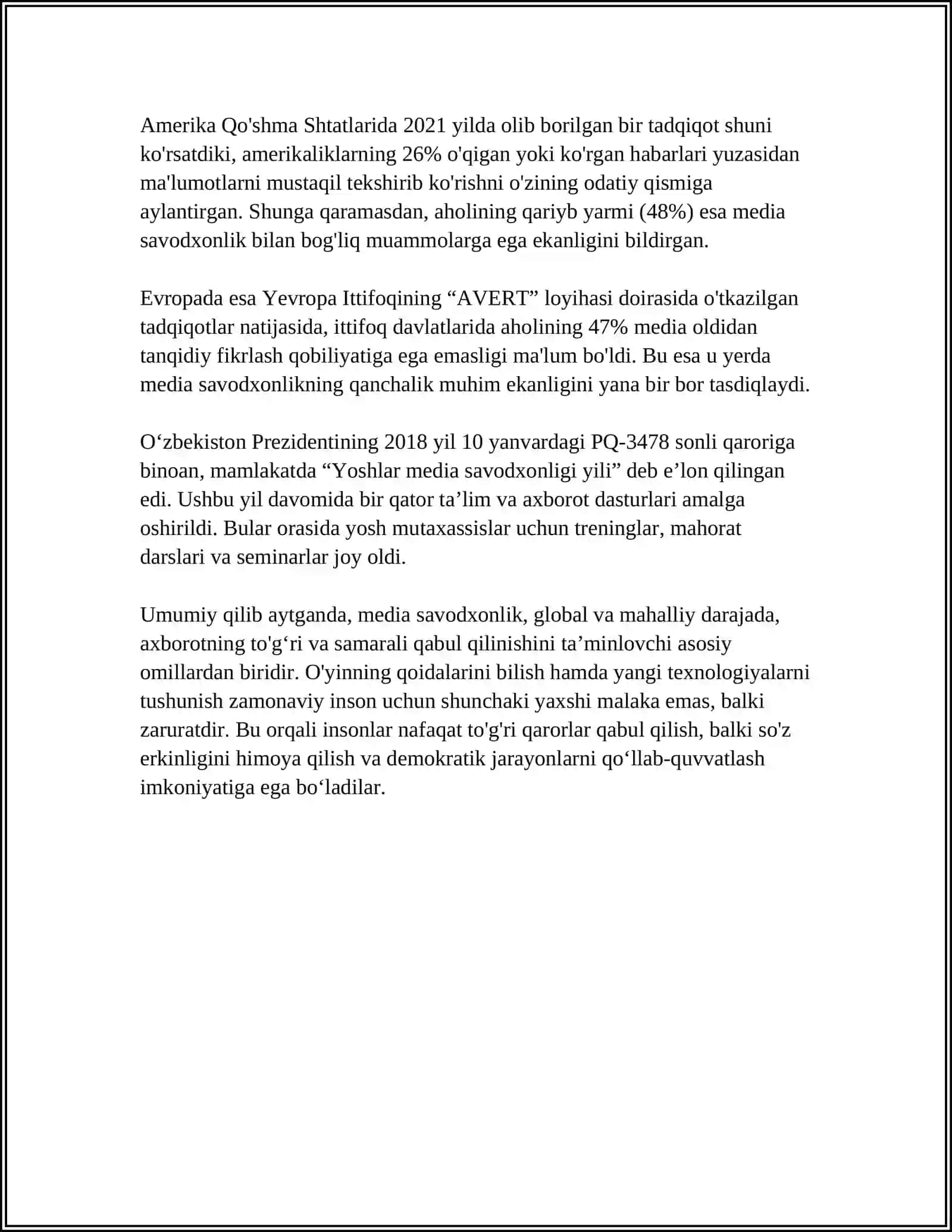 MUSTAQIL ISH Mavzu: MEDIASAVODXONLIKNI RIVOJLANTIRISH YOʻLLARI 4