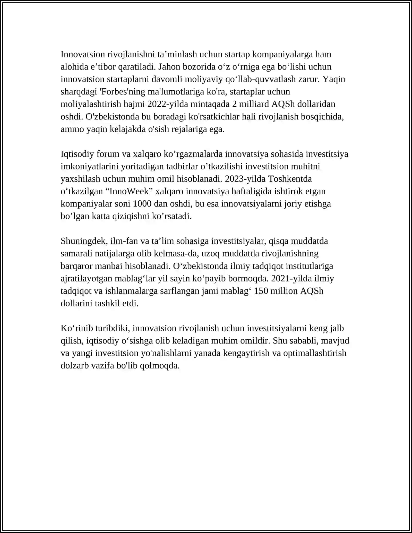 INNOVATSION FAOLIYATDA INVESTETSIYALAR O'RNI 4