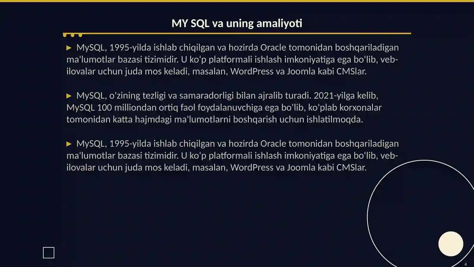 Postgre SQL, MY SQL, Oracle, MS SQL bilan tuzilgan ma'lumnotlar bazasi amaliyoti 4