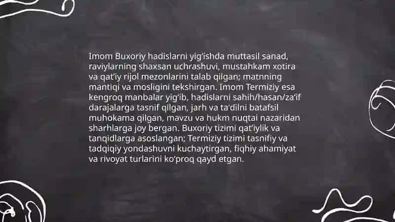 "Imom Buxoriy va Imom Termiziyning hadis ilmiga qoʻshgan hissalarining qiyosiy tahlili" 4
