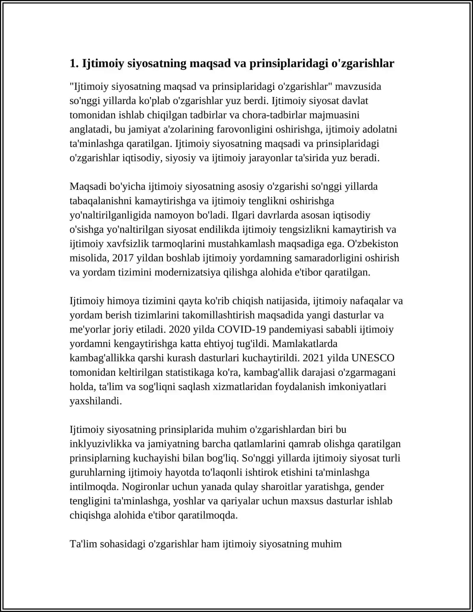 O‘ZBEKISTONNING IJTIMOIY SOHADA AMALGA OSHIRILAYOTGAN O‘ZGARISH MAZMUNI VA MOHIYATI 4