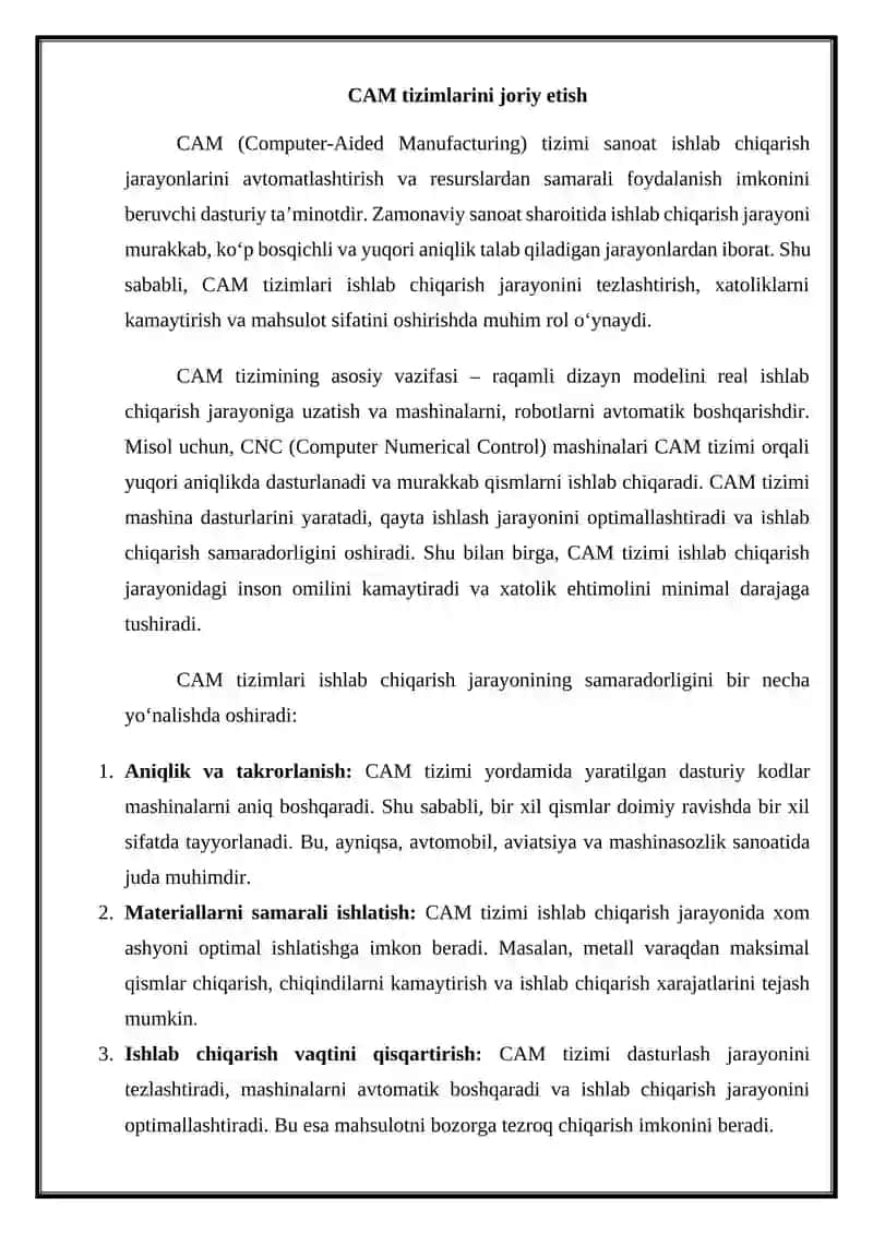 Sanoat tashkilotlarida loyihalash va ishlab chiqarish jarayonlarini takomillashtirish uchun CAD CAM CAE tizimlarini joriy etish 4