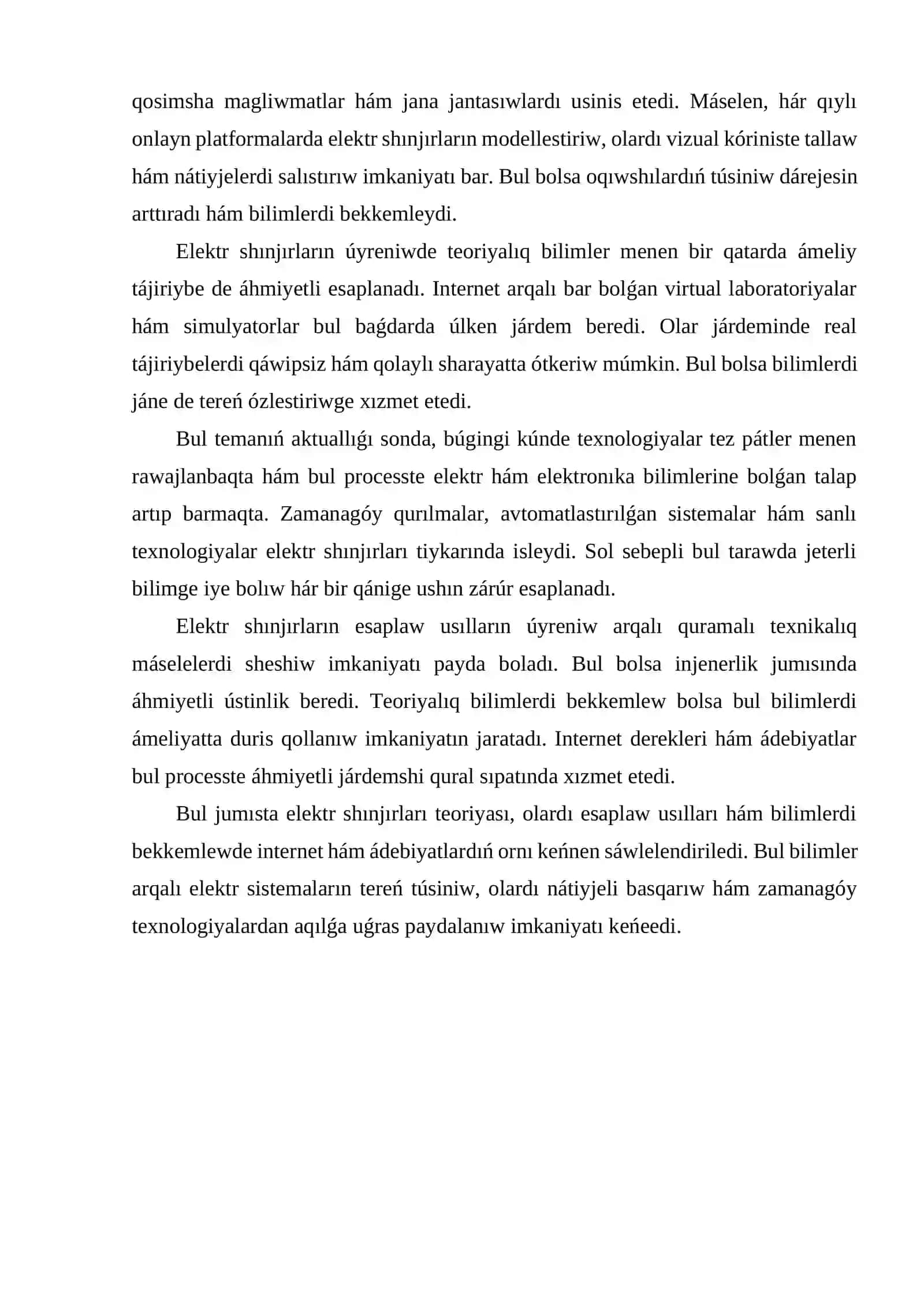 Elektr shınjırları teoriyası hám elektronıka páninde internet derekleri hám de ádebiyatlardan paydalanıp elektr shınjırların esaplaw usılların úyreniw hám teoriyalıq bilimlerdi bekkemlew 4