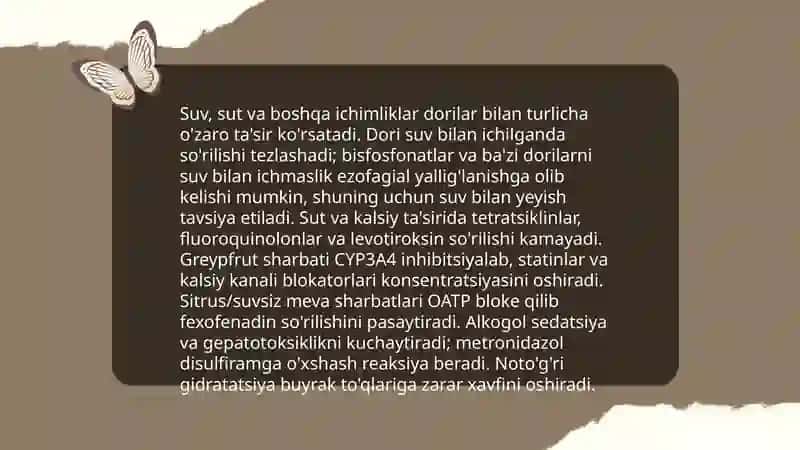 Dori moddalarining oziq-ovatlar va boshqa moddalar bilan ta'sirlashuvi 4