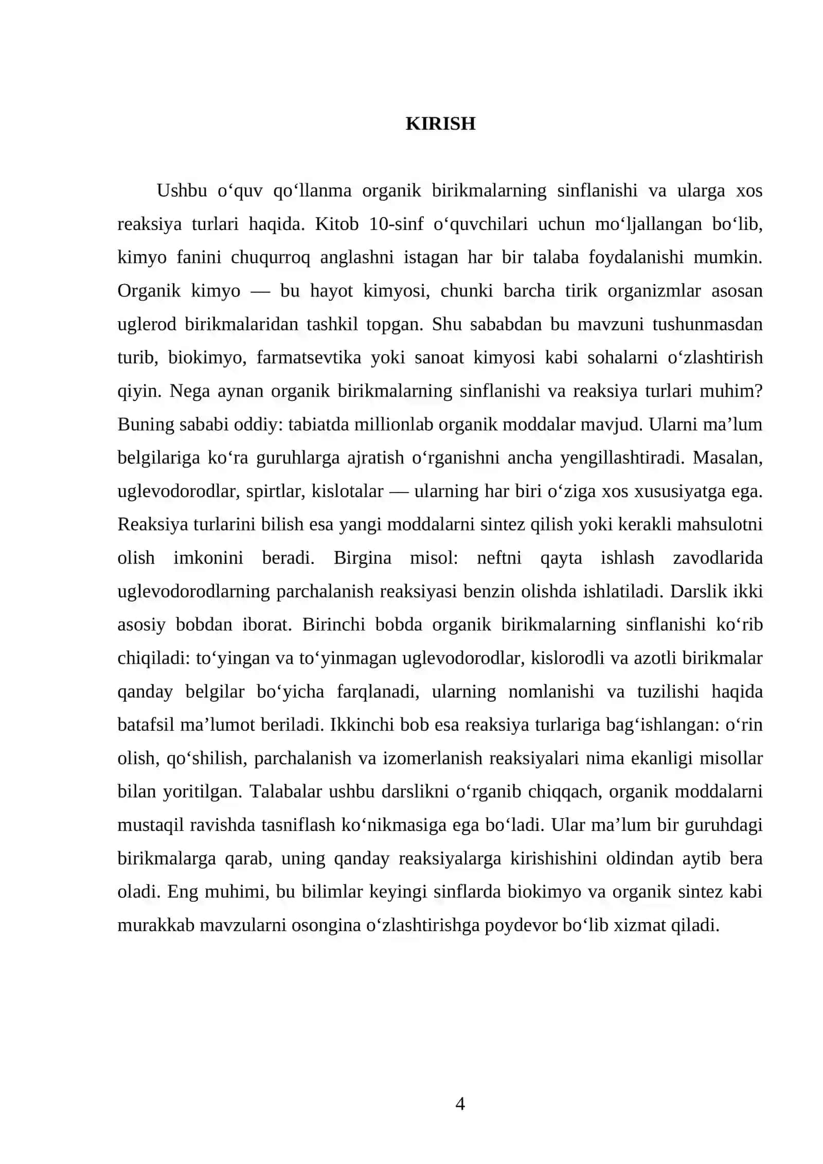 ORGANIK BIRIKMALAR SINFLANISHI. ORGANIK BIRIKMALARGA XOS REAKSIYA TURLARI. 10 - SINF 4