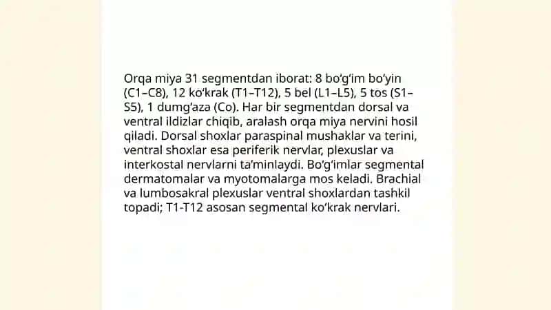 Perferik nerv tizimi funksional anatomiyasi.Orqa miya nervlarining hosil bo’lishi.Orqa miya nervlarining orqa shoxlari. Ko’krak nervlari 4